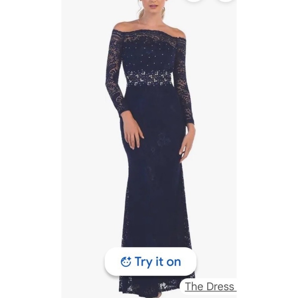 EVA Floral Lace Beaded Evening Gown 2XL Navy Off The Shoulder Formal Wedding